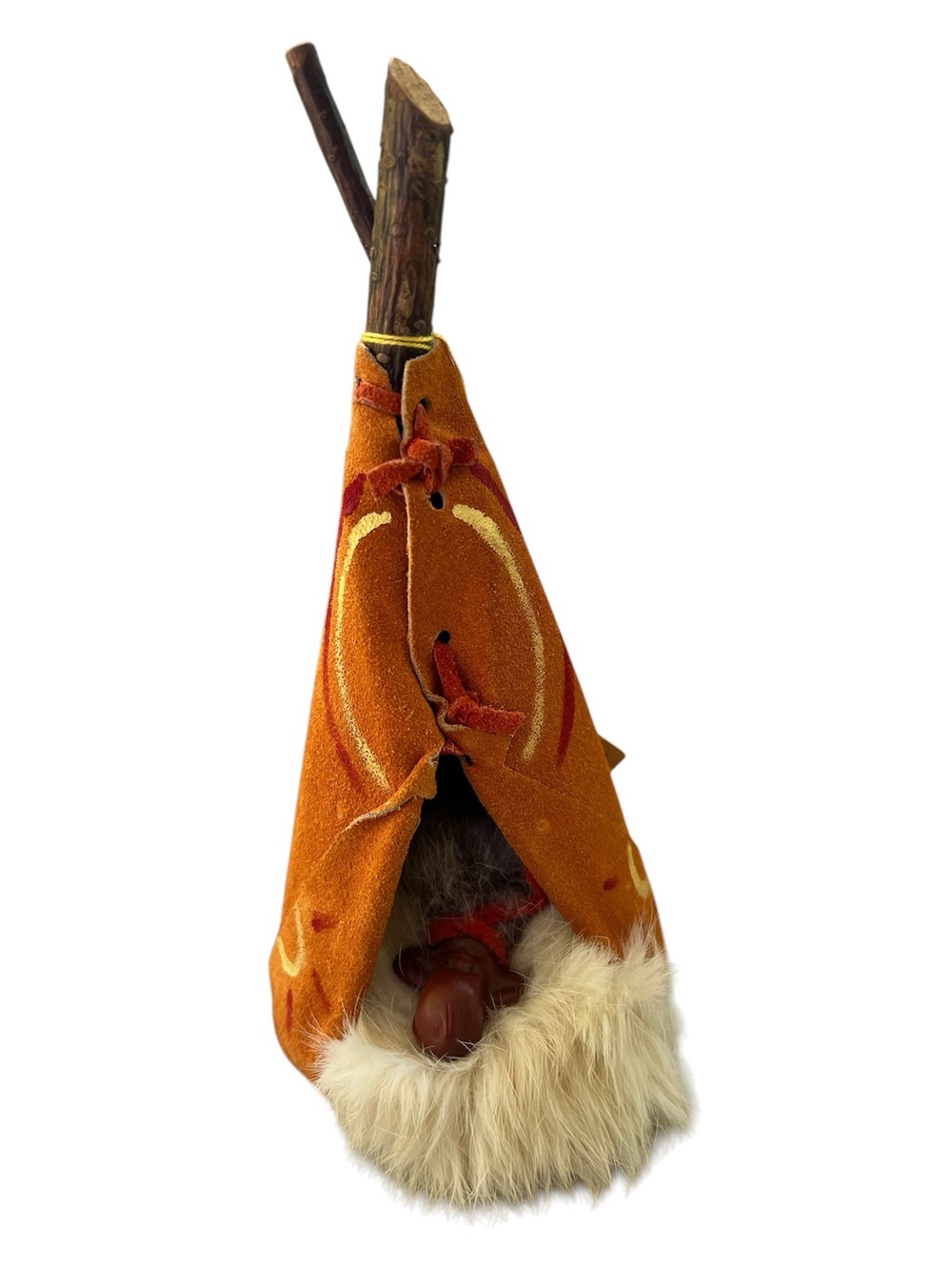 Vintage Eskimo Baby Doll 3" Inside Handmade Teepee Souvenir 9” Epcot